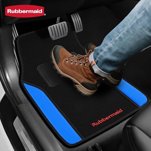 Rubbermaid Car Mats, Carpeted Floor Car Mat with Faux Leather & Built-in Heel Pad, Two-Tone Car Rug Floor Mats, Stylish Carpeted Floor Mats for Cars, Trucks & SUVs Blue Color