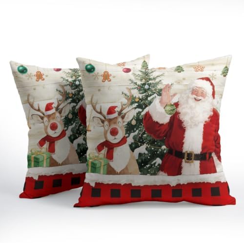 Christmas Throw Pillow Covers 22x22 Set of 2 Winter Santa Claus Reindeer - Image 3