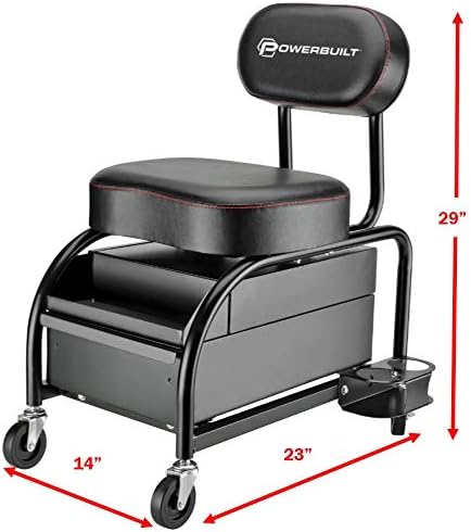 Powerbuilt Professional Car Detailers Mechanics Roller Seat, Heavy Duty Garage Stool with Thick Padded Seat and Backrest, 2 Sliding Storage Drawers, Tool Tray, Can Holders, 3in. Swivel Casters–240299 - Image 2
