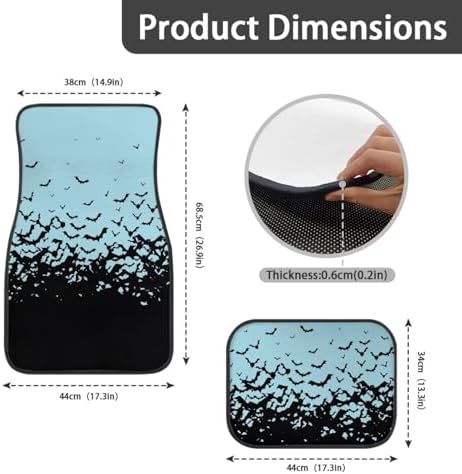 Aqua Black Bat Print Funny Halloween Car Floor Mats 4 PCS, Cute Durable Interior Accessories for Car SUV, All Weather Floor Mats with Front Rear Trunk Liners Set for Party