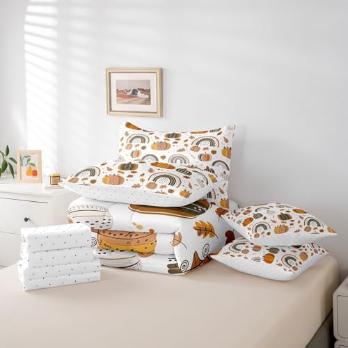 Erosebridal Kids Pumpkin Bedding Set Queen Fall Botanical Pumpkin Bed in A Bag 7 Piece Cartoon Boho Rainbow Comforter Set for Girls Boys,Cute Autumn Rainbow Pumpkins Sheet Set with Comforter - Image 6