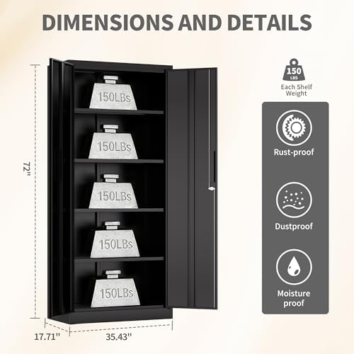 Metal Storage Cabinet with Lock, 72"H Garage Storage Cabinet, Black - Image 3