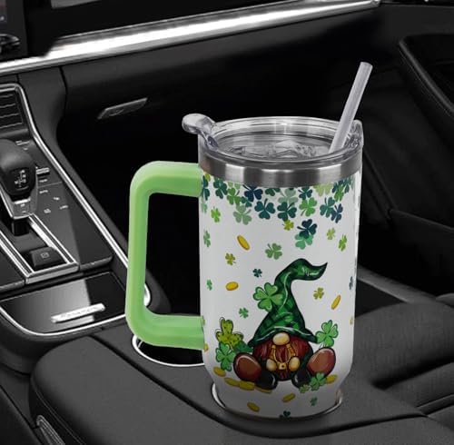 St Patricks Day Tumbler with Handle 40 oz Lucky Gnomes Shamrock Coffee Travel Mug Stainless Steel Insulated Cup Irish Saint Patricks Decor Gifts - Image 6