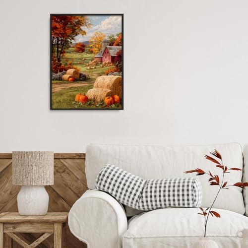 Autumn Farmhouse Wall Art – Rustic Red Barn Landscape with Pumpkins, Fall Harvest Canvas Print for Country Living Room or Seasonal Decor Display 16x20in Black aluminum frame - Image 4