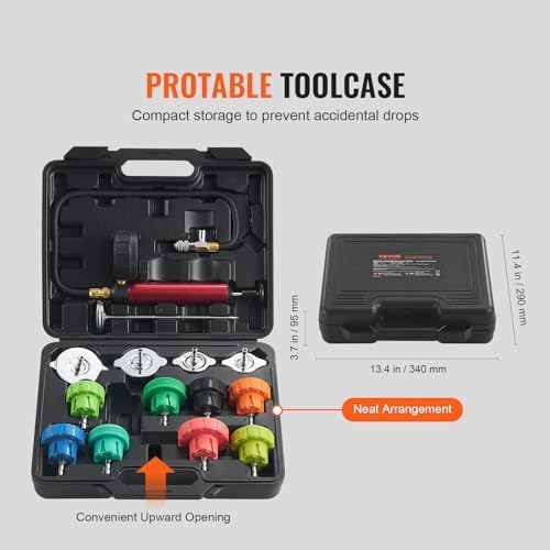 VEVOR Automotive Cooling System Radiator Pressure Tester Kit, 14 pcs Radiator Pressure Tester Kit with Manual Pump and Color-Coded Steel Test Cap Adapters, for Cars Motorcycles Trucks Cooling System - Image 6