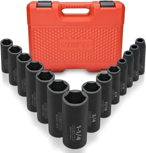 Neiko 02476A 1/2" Impact Socket Set, 14 Piece 6 Point Impact Set, Standard Impact Socket Set, SAE Sizes (3/8-Inch to 1-1/4") Cr-V Steel, Deep Socket Set 1/2 Drive, by NeikoTools