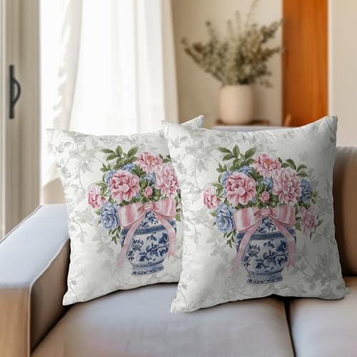 Chinoiserie Pillow Covers 18x18 Inch Set of 2, Floral Throw Pillow Covers Blue Pink White Pillowcase, Grandmillennial Decorative Seasonal Spring Summer Cushion Case Couch for Indoor Outdoor Home Decor - Image 3
