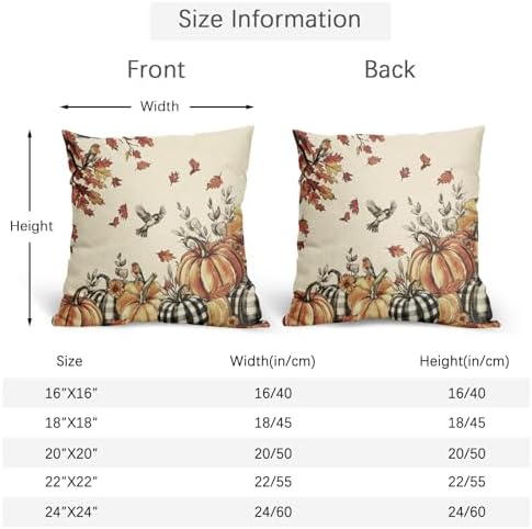 Fall Robin Pumpkin Throw Pillow Covers 24x24 Set of 2 Thanksgiving Harvest Maple Leaves Pillow Covers Buffalo Plaid Pumpkin Watercolor Foliage Pillowcase for Kitchen Outdoor Couch Room Decoration - Image 5