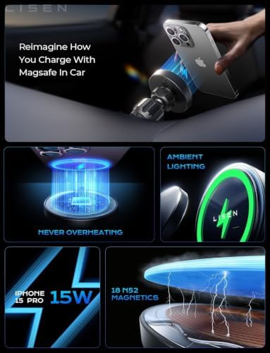 LISEN 15W MagSafe Car Mount Charger, Magnetic Phone Holders for Your Car