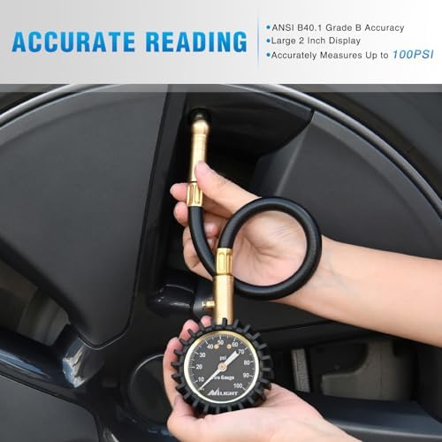 Nilight 100PSI Tire Pressure Gauge Glow Dial 14" Extended Hose