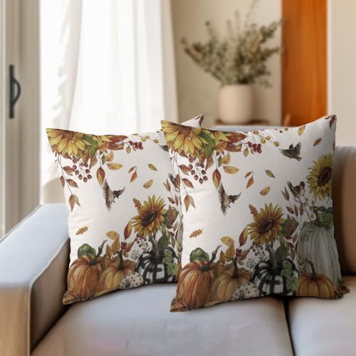 Fall Sunflower Throw Pillow Covers 20x20 Set of 2 Autumn Buffalo Plaid Pumpkin Thanksgiving Pillow Covers Bird leaves berries Pillowcase Vintage for Kitchen Sofa Cushion Outdoor Bedroom Decoration - Image 4