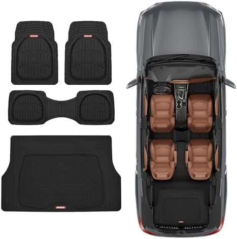 Motor Trend FlexTough 4-Piece Heavy Duty Floor Mats for Cars Trucks SUVs, Automotive Floor Mats Car Mats Full Set Front, Rear & Cargo, Trim-To-Fit Semi-Custom Deep Dish All Weather Rubber Mats - Black