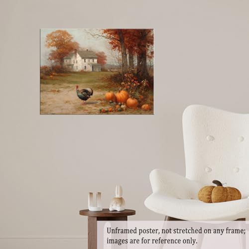 Autumn Farmhouse Wall Art with Turkey and Pumpkins – Vintage Thanksgiving Landscape Poster,Rustic Fall Harvest Canvas Print for Dining Room Decor 20x30in Unframed - Image 4