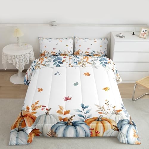 Erosebridal Fall Pumpkin Bedding Full,Autumn Maple Leaves Comforter Set Watercolor Pumpkins Eucalyptus Bed Sets Harvest Thanksgiving Farmhouse Duvet Insert 3 Pieces - Image 3