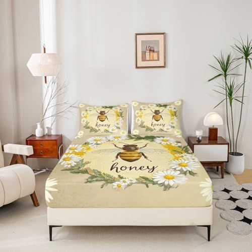 Erosebridal Kawaii Honey Bee Bedding Set Queen Cute Geometric Honeycomb Bed Sheets Farm Rustic Daisy Sheet Set for Kids Girls Teen Women,Soft Honey Bee Fitted Sheet + Flat Sheet + 2 Pillow Cases - Image 4