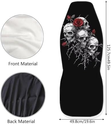 Halloween Skull Rose Car Seat Covers 2 Pcs Universal Front Car Seats Breathable Stretch Polyester Fabric Cover Easy Installation Suitable for Cars, SUV and Trucks