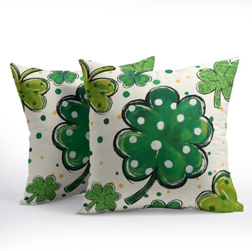 St Patricks Day Pillow Covers 16x16 Set of 2 Shamrock Clover Throw Pillow Covers Rustic Spring Pillowcase Linen Decoration Farmhouse Decorative Green Cushion Case Couch for Indoor Outdoor Home Decor - Image 2