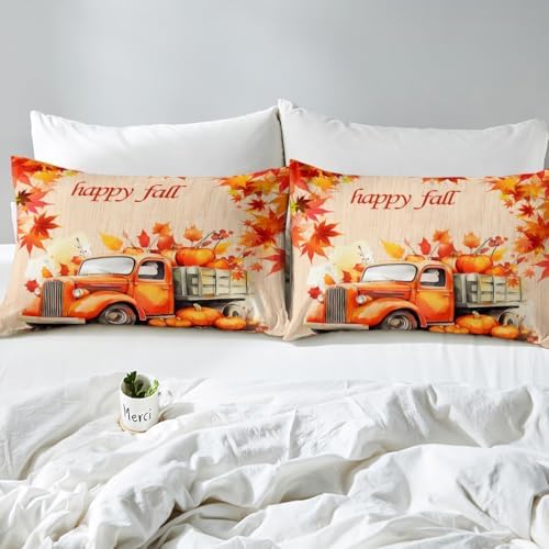 Feelyou Happy Fall Bed Sheets Set Full Size Car with Pumpkins Sheet Set for Kids Boys Girls Decor Maple Leaves Sheets with Deep Pocket Fitted Sheet Beige Orange - Image 4