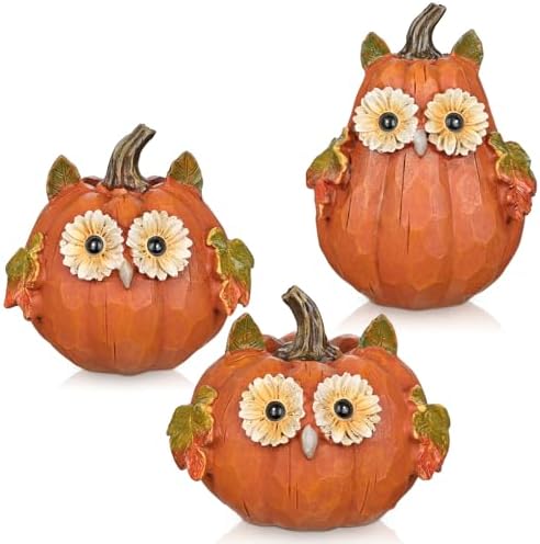 Fall Pumpkin Decor Small Fake Pumpkins Orange Resin Carved Pumpkin Owl Decorative Faux Pumpkin 3Pcs Artificial Pumpkins for Decorating Home Table Farmhouse Mantel Halloween Thanksgiving Centerpieces by GnFlus