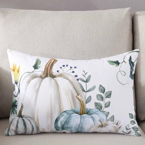 Pillow Covers 20x36 Inch - King Fall Thanksgiving Blue Grey Pumpkin Watercolor Eucalyptus Leaves Soft Brushed Microfiber Pillowcases with Hidden Zipper Closure Bed Pillow Shams for Bedroom Sofa Car - Image 3