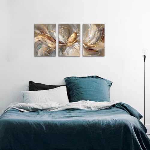 Black and Gold Abstract Wall Art Framed Golden Texture Picture for Living Room Bathroom Wall Decor Watercolor Foil Fluid Lines Poster Prints Neutral Minimalist Ink Painting Home Decoration 16x24 x3P - Image 2