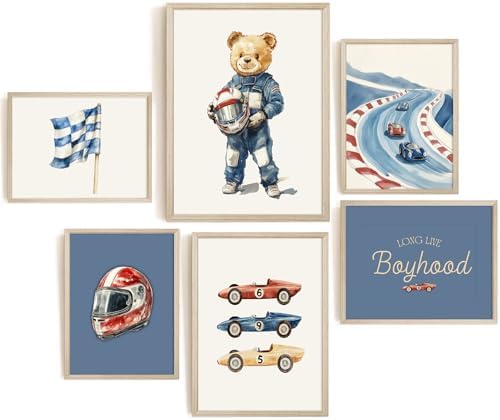 Nursery Race Car Wall Art Boys Room Canvas Wall Decor Vintage Nursery Prints Teddy Bear Poster Race Car Pictures Baby Boy Toddler Painting Artwork for Kids Bedroom Playroom 8x10 Inch Unframed 6Pcs by Unknown
