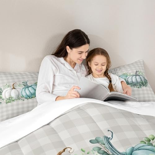 Erosebridal Pumpkins Comforter Set King Size Eucalyptus Leaves Bedding Set for Teens Kids Adult Fall Autumn Thanksgiving Harvest Vintage Down Comforter Blue Botanical Grid Bedroom Decor Quilted Duvet - Image 6