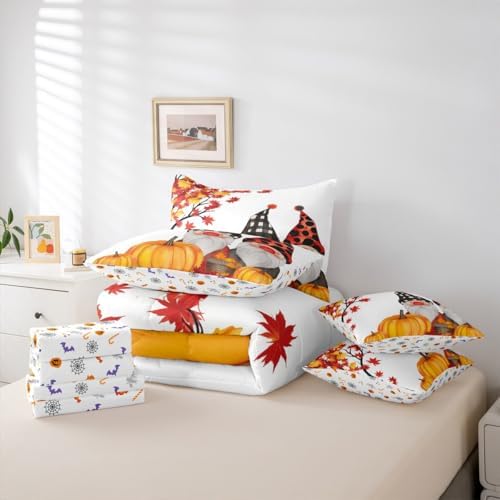 Erosebridal Fall Gnome Queen Comforter Set 7 Pieces Bed in a Bag Farmhouse Thanksgiving Autumn Harvest Pumpkin Bedding Comforter Sets,Maple Tree Fall Leaves Comforter with Fitted Sheets,Flat Sheets - Image 5
