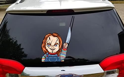 Killer Doll waving a Knife WiperTags with decal attaches to rear vehicle wiper for horror fans or Halloween - MADE IN USA