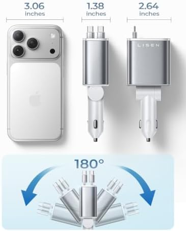 LISEN Retractable Car Charger USB C Fast Charge for iPhone 17 16 15 Pro Max