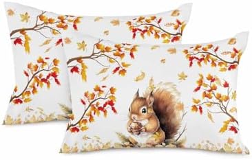 Fall Cute Squirrel Pillow Covers 12x20 Inch Set of 2, Thanksgiving Decorations Indoor Outdoor Throw Pillow Covers, Autumn Animals Cotton Linen Pillowcases for Patio Sofa Couch Bedroom Decorative by JasmineM