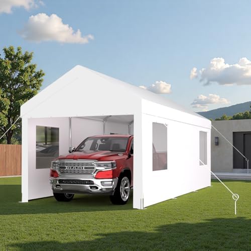 10x20FT Canopy, Outdoor Portable Garage with 2 Roll-Up Doors & 4 Ventilated Windows, Patio Camping Heavy Duty Car Port Canopy with PE Cover, Ground Pegs & Steel Cables, Easy Assembly, White - Image 3