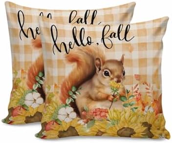 Fall Pillow Covers 16x16 Inch Set of 2, Thanksgiving Decorations Squirrel Sunflower Outdoor Throw Pillow Covers, Plaid Leaf Autumn Holiday Square Pillowcases for Patio Sofa Couch Bedroom Decorative by JasmineM