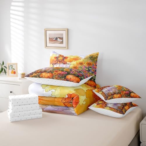Erosebridal Rustic Fall Bedding Set Twin 7 Piece Farmhouse Scarecrow Bed in A Bag Country Pastoral Sunflower Pumpkin Comforter Set for Kids Adults Watercolor Autumn Sheet Set with Comforter - Image 6