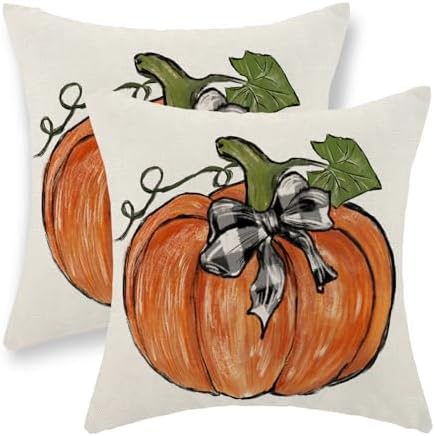 Fall Pillow Covers 18x18 Set of 2 Orange Pumpkin Leaves Fall Decor Pillowcase Autumn Harvest Thanksgiving Decorative Outdoor Throw Pillow Covers Linen Farmhouse Cushion Case for Couch Home by Gohdiwh