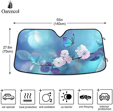 Butterfly Flowers Car Windshield Sun Shade Yellow Pink Floral Blue Foldable UV Ray Sun Visor Protector Sunshade to Keep Your Vehicle Cool (55" x 27.6")