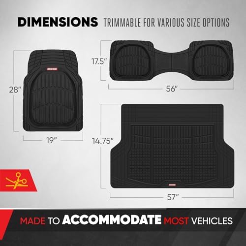 Motor Trend FlexTough Contour Liners Deep Dish 3 pc Rubber Floor Mats & Trimmable Trunk Liner Cargo Mat - Heavy Duty All Weather Protection Car Mats with Traction Grips Car Accessories (Black)