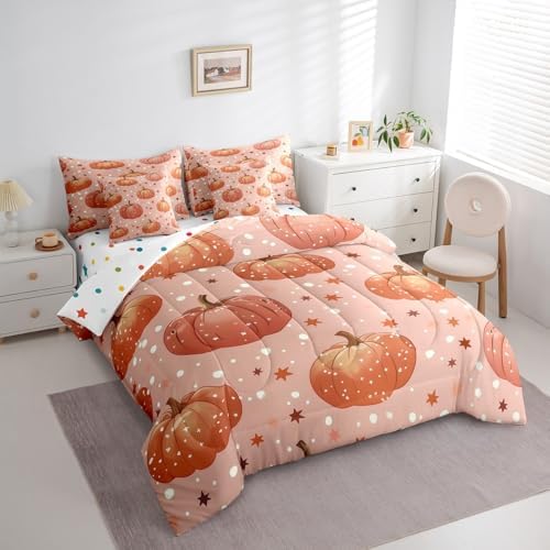 Erosebridal Autumn Full Comforter Set 7 Piece Fall Pumpkin Bedding Sets for Kids Girls Adults Women,Boho Stars Bed in A Bag Vintage Pumpkins Sheet Set with Comforter,Pillow Casea,Pillow Covers - Image 3