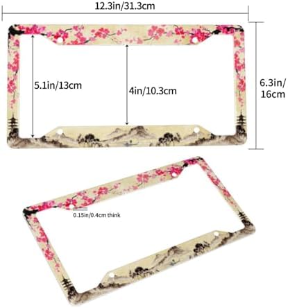 Cherry Blossom Mountains License Plate Frame 2 Pack License Plate Holder Universal Aluminum License Plate Cover Car Accessories for Decor with Screw for Women Man 12.3 X 6.3 Inch