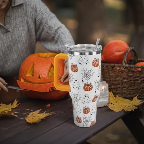 Halloween Tumbler with Handle 40 oz Pumpkin Ghost Spiderweb Coffee Travel Mug Stainless Steel Goth Insulated Cups Cute Halloween Decor Gifts - Image 2