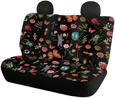 Full Set of 4 Packs Botanical Flower Floral Moth Dragonfly Car Front & Rear Seat Covers Insect Butterfly Fern Pattern Car Seat Covers Auto Split Bench Protector SUV Accessories for Women