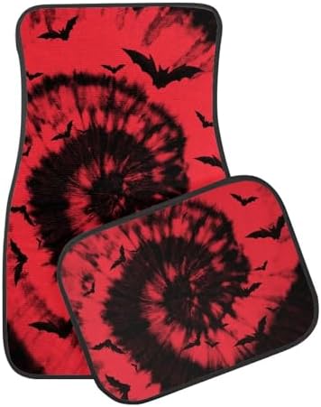 Red Black Tie Dye Bat Print Funny Halloween Car Floor Mats 4 PCS, Cute Durable Interior Accessories for Car SUV, All Weather Floor Mats with Front Rear Trunk Liners Set for Party
