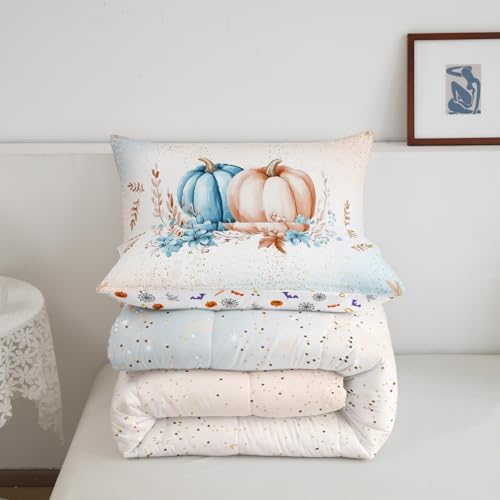 Erosebridal Blue Fall Decor Bedding Sets Twin - Autumn Fall Pumpkin Comforter Set for Kids Adults Eucalyptus Flowers Duvet Insert Thanksgiving Harvest Farmhouse Quilt - Image 6