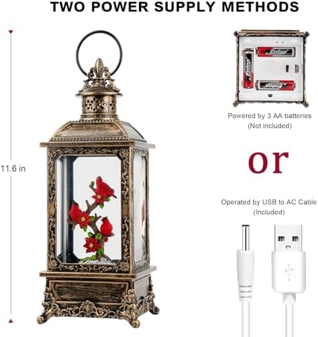 Christmas Snow Globe Water Glittering Cardinal Lantern with Music & Timer, USB Lined/Battery Operated Lighted Lantern for Christmas Festival Decoration Gifts - Image 6