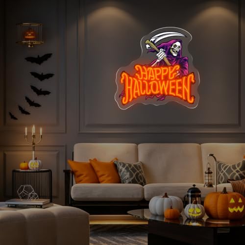 Happy Halloween Neon Sign, Skeleton With Reaping Hook LED Light, 13.4"x13" - Image 5