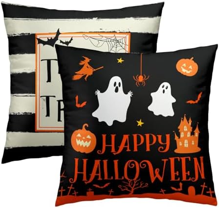 Happy Halloween Ghost Castle Pumpkin Throw Pillow Covers 16X16 Inches Set of 2 Trick or Treat Black and White Stripe Pillowcase Soft Cotton Square Cushion Covers for Home Sofa Bedroom Decoration by Sweetshow