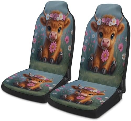 Highland Cow Pattern Car Seat Covers, Trendy Universal Car Seat Protector Full Set, Automotive Seat Covers for Front Seats Rear Seat Back Seat Gift (Floral Cow, 2PC Front Seat Set)