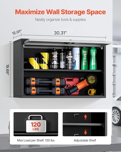 VEVOR Metal Wall Cabinet, 30.31 x 12.01 x 19.69 Inch, Floating Garage Tool Cabinet with Up-Flip Door and Shelf, 240 lbs Load Capacity, Fit for Garage, Basement, Kitchen, Warehouse Assembly Required - Image 3