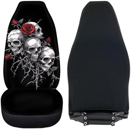 Halloween Skull Rose Car Seat Covers 2 Pcs Universal Front Car Seats Breathable Stretch Polyester Fabric Cover Easy Installation Suitable for Cars, SUV and Trucks