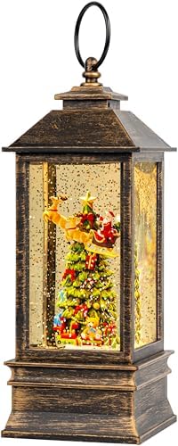 Christmas Snow Globe Lantern with Music & Timer, Vintage Lighted Musical Snow Globe with Swirling Water Glitter, Christmas Tree & Santa Scene, USB/Battery Operated Xmas Decor Gifts by Qualdout